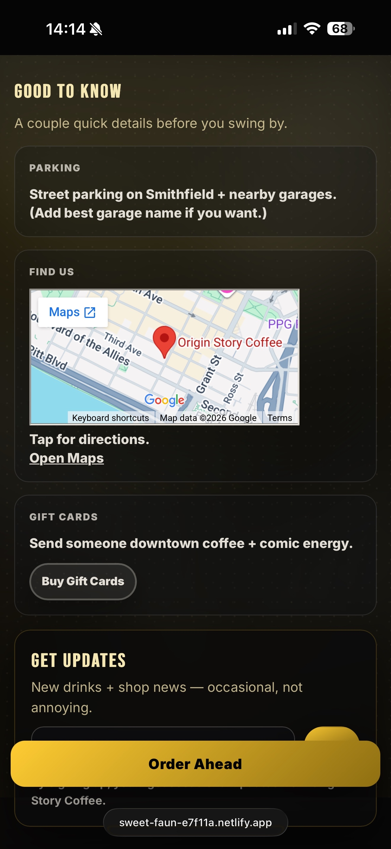 Mobile Origin Story Coffee parking, map, gift cards, and updates sections
